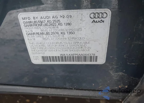 2010 Audi Q5 3.2 Premium из США, поврежденный, VIN WA1LKAFP5AA064378